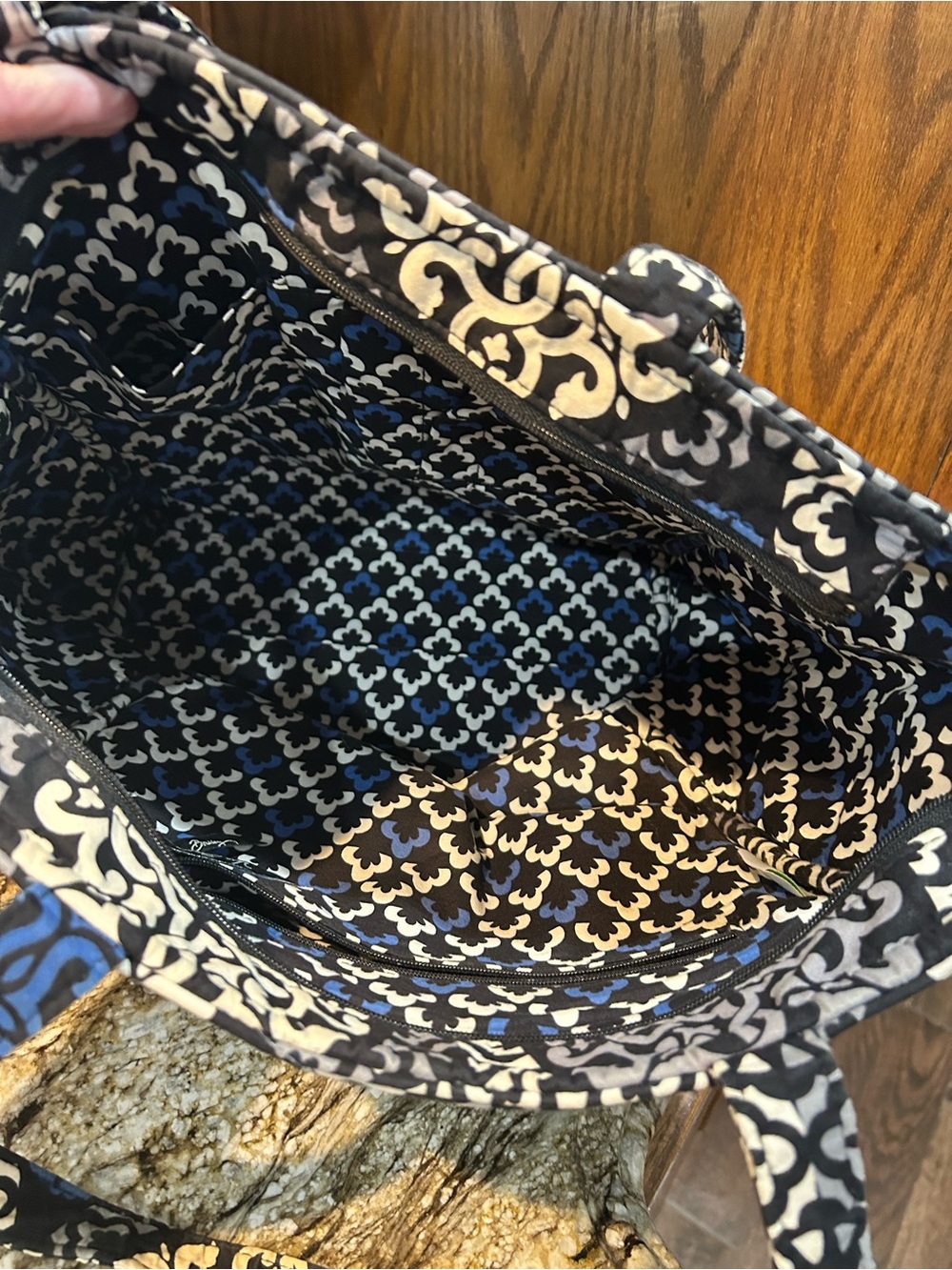 Vera Bradley Quilted Pattern Tote Bag in Black, White & Blue - Picture 4 of 7